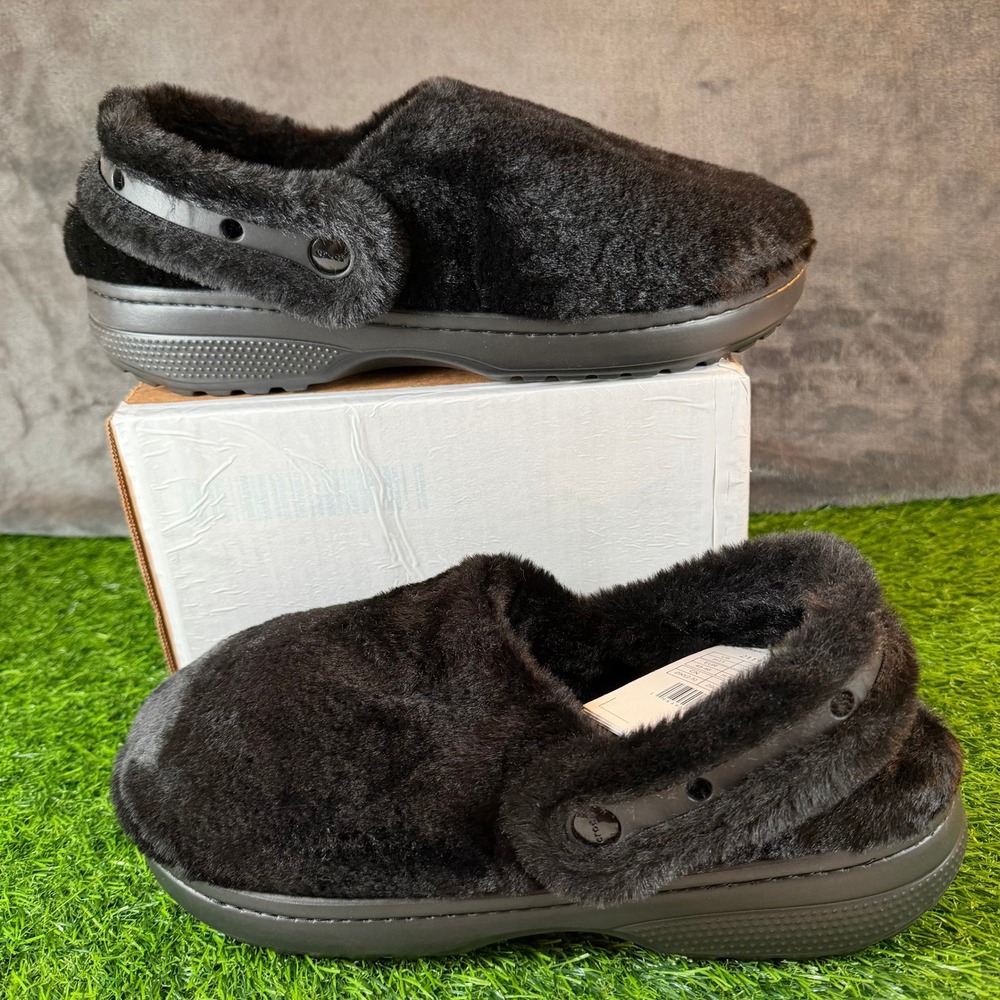 Crocs Classic Unforgettable Clog Black Faux Fur‎ Fuzzy Mens 11 211116-001 NWT